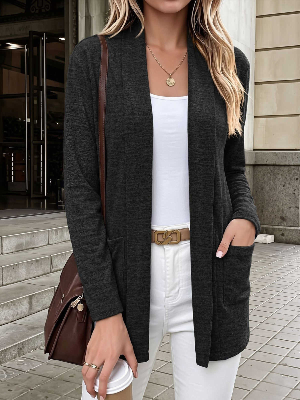 Casual Pocketed Long Sleeve Open Front Jacket