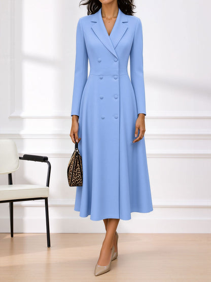 Notched Lapel Double Breasted Midi A-Line Work Dress