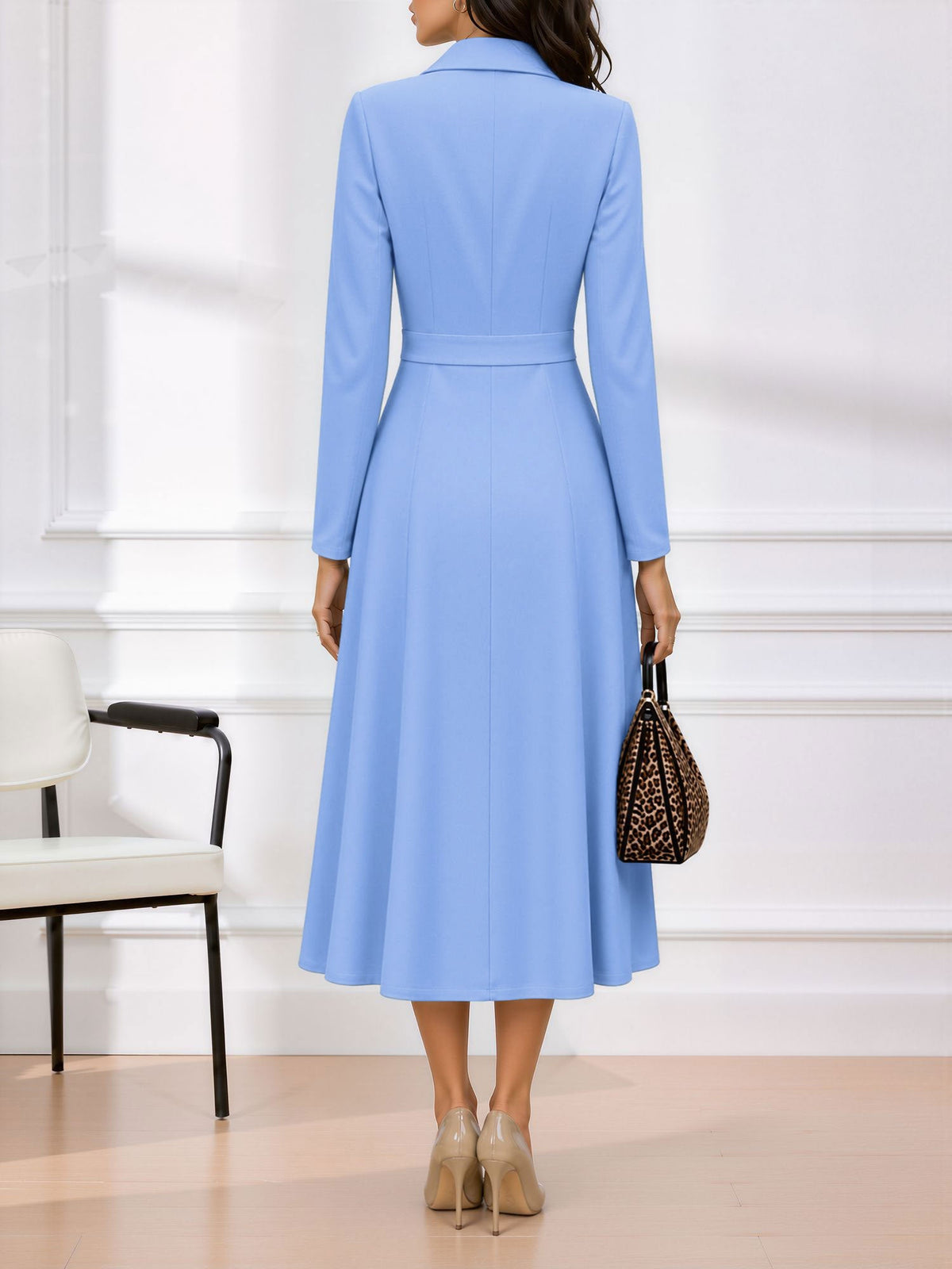 Notched Lapel Double Breasted Midi A-Line Work Dress