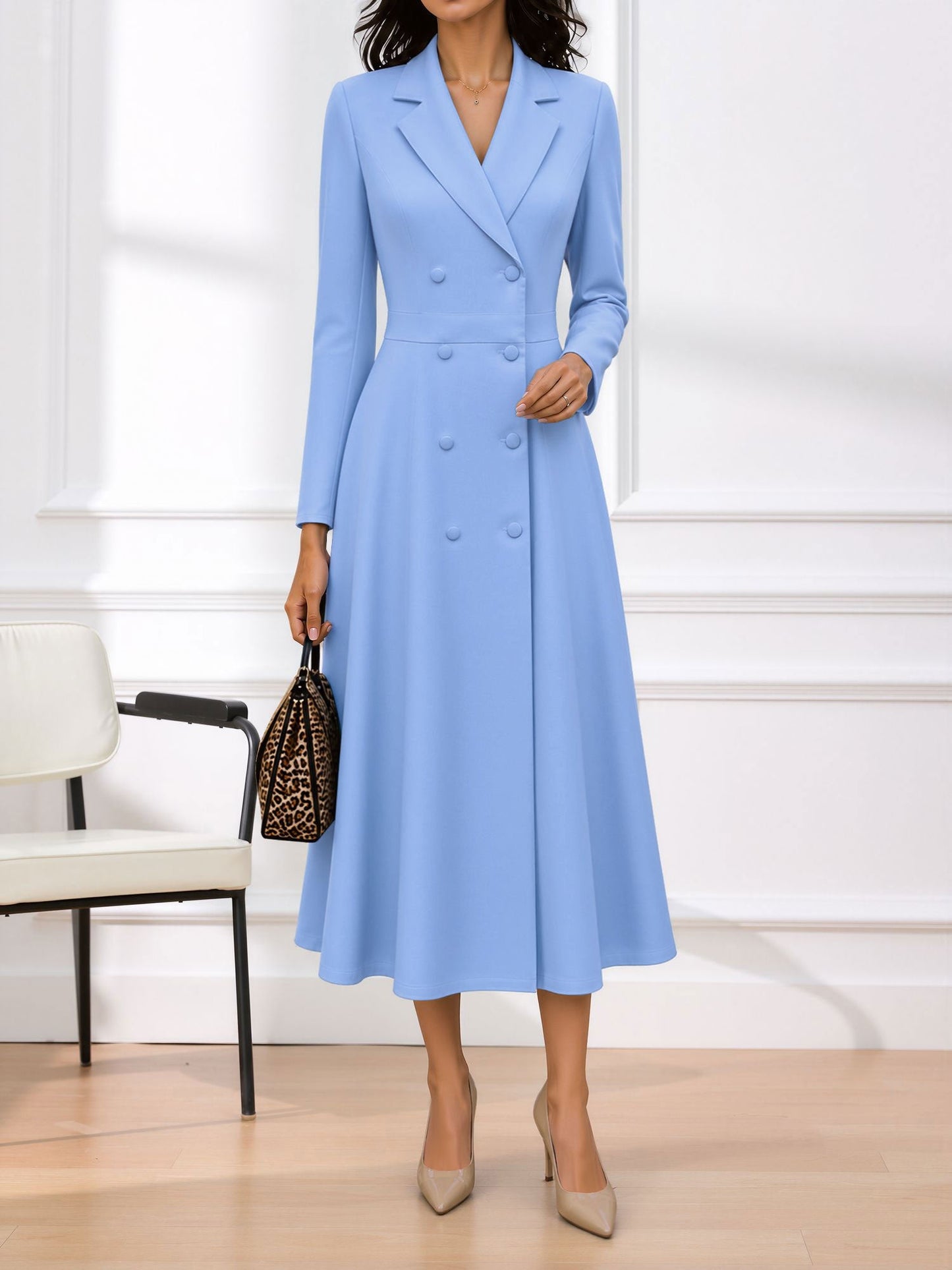 Notched Lapel Double Breasted Midi A-Line Work Dress
