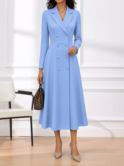 Notched Lapel Double Breasted Midi A-Line Work Dress
