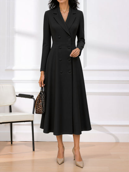 Notched Lapel Double Breasted Midi A-Line Work Dress