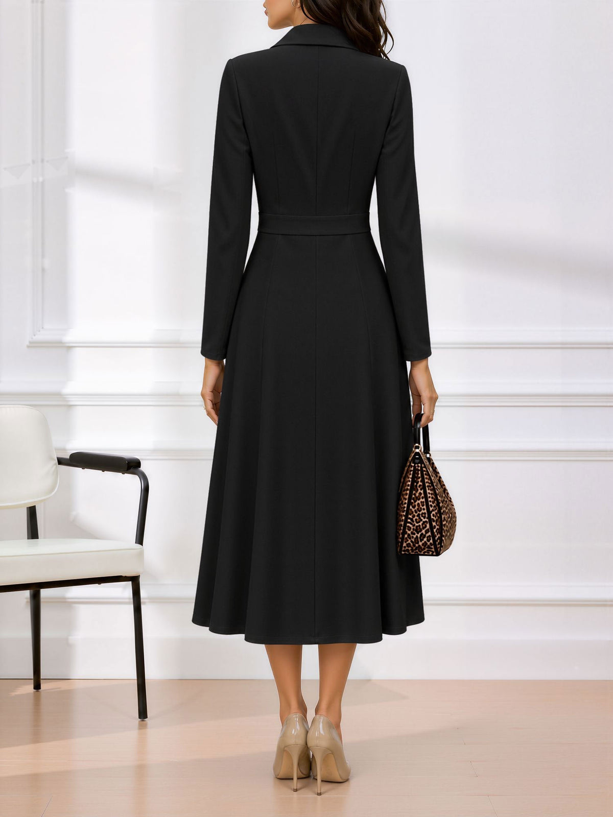 Notched Lapel Double Breasted Midi A-Line Work Dress