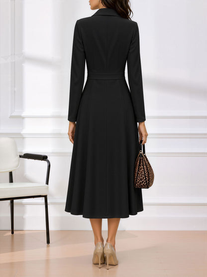 Notched Lapel Double Breasted Midi A-Line Work Dress