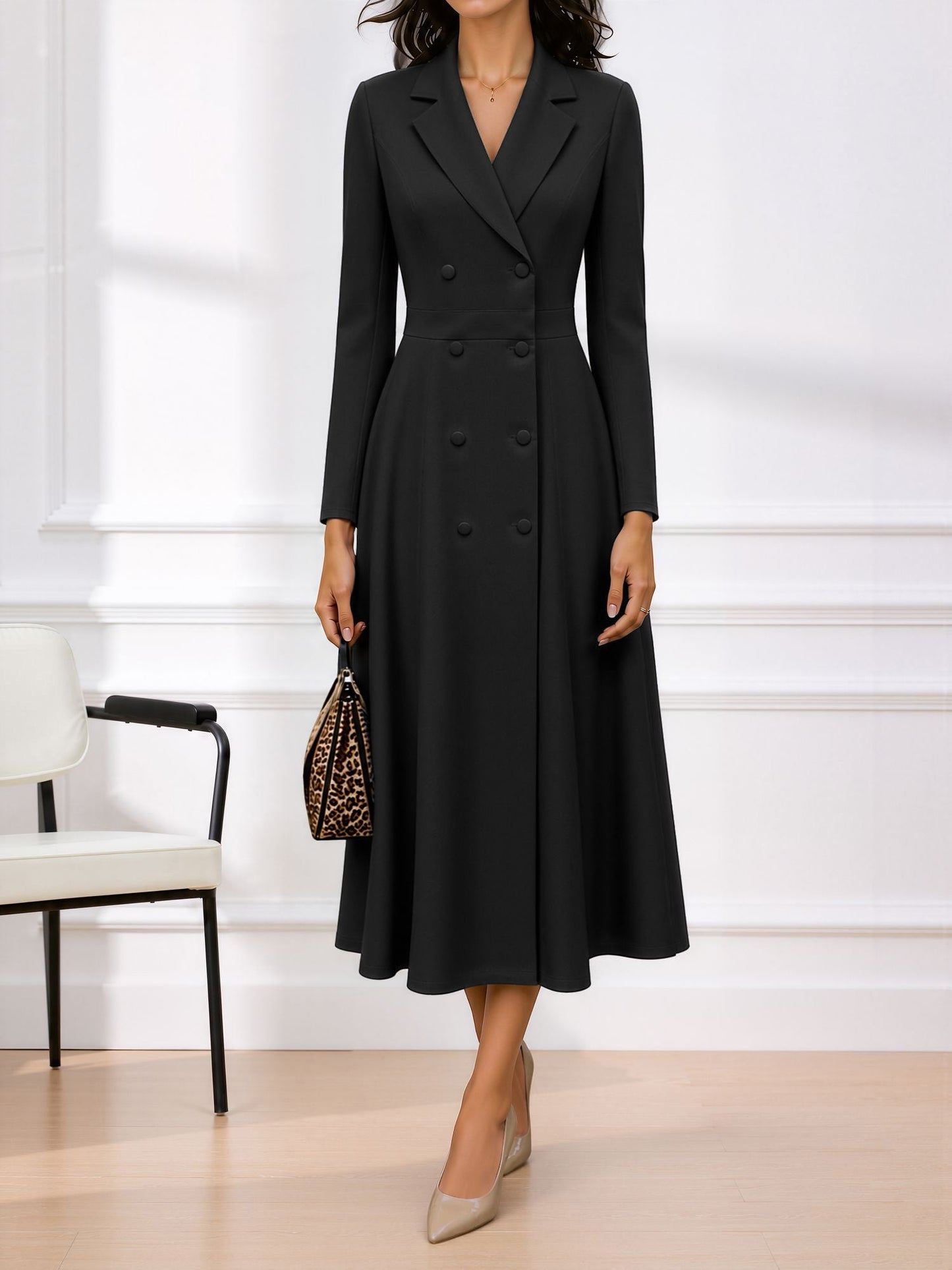 Notched Lapel Double Breasted Midi A-Line Work Dress
