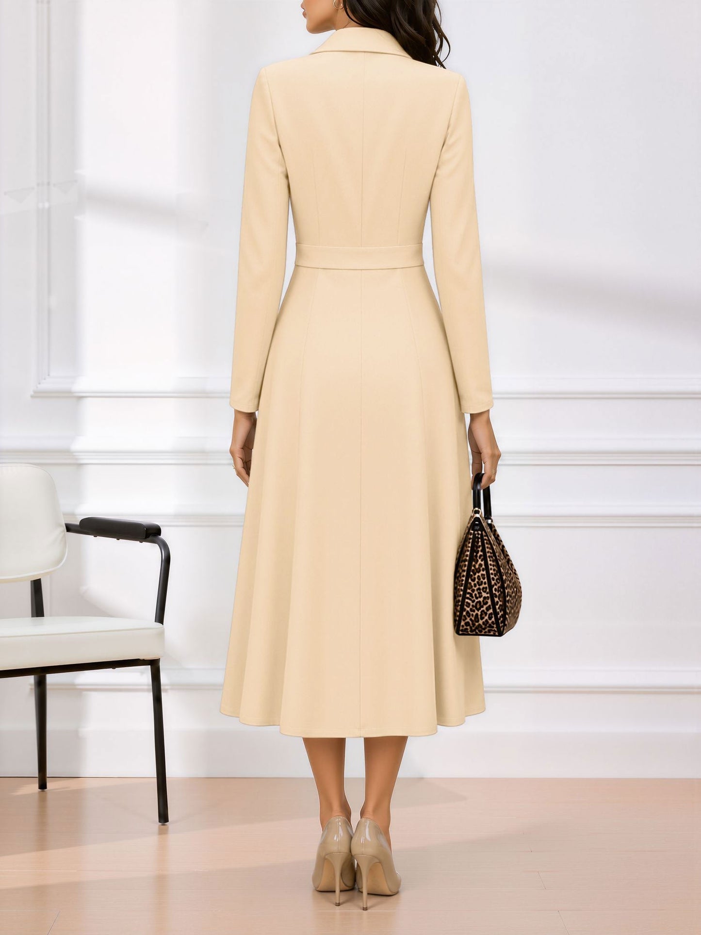 Notched Lapel Double Breasted Midi A-Line Work Dress