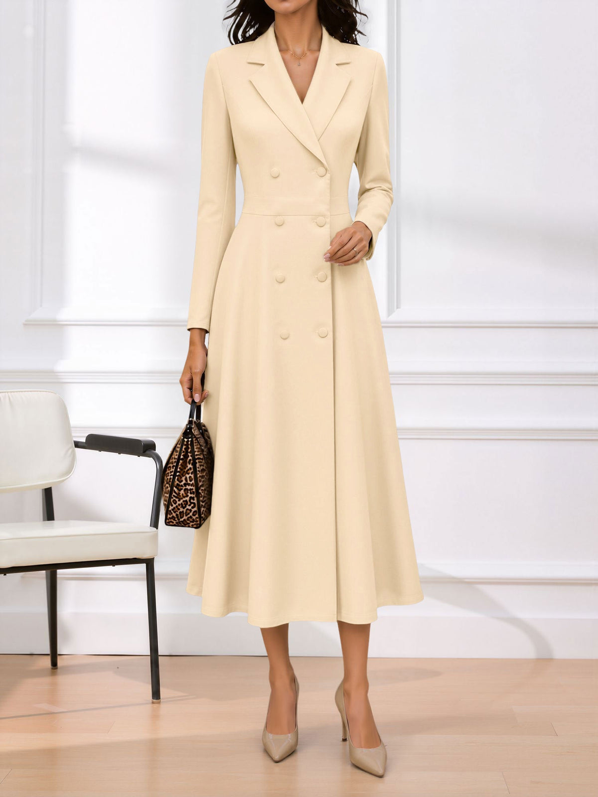 Notched Lapel Double Breasted Midi A-Line Work Dress