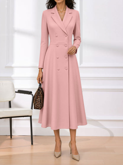 Notched Lapel Double Breasted Midi A-Line Work Dress