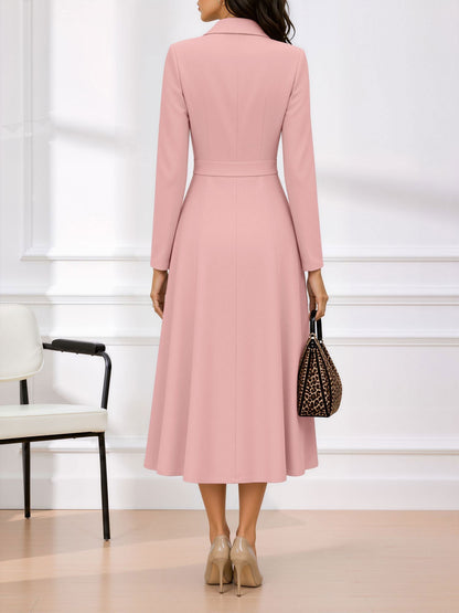 Notched Lapel Double Breasted Midi A-Line Work Dress