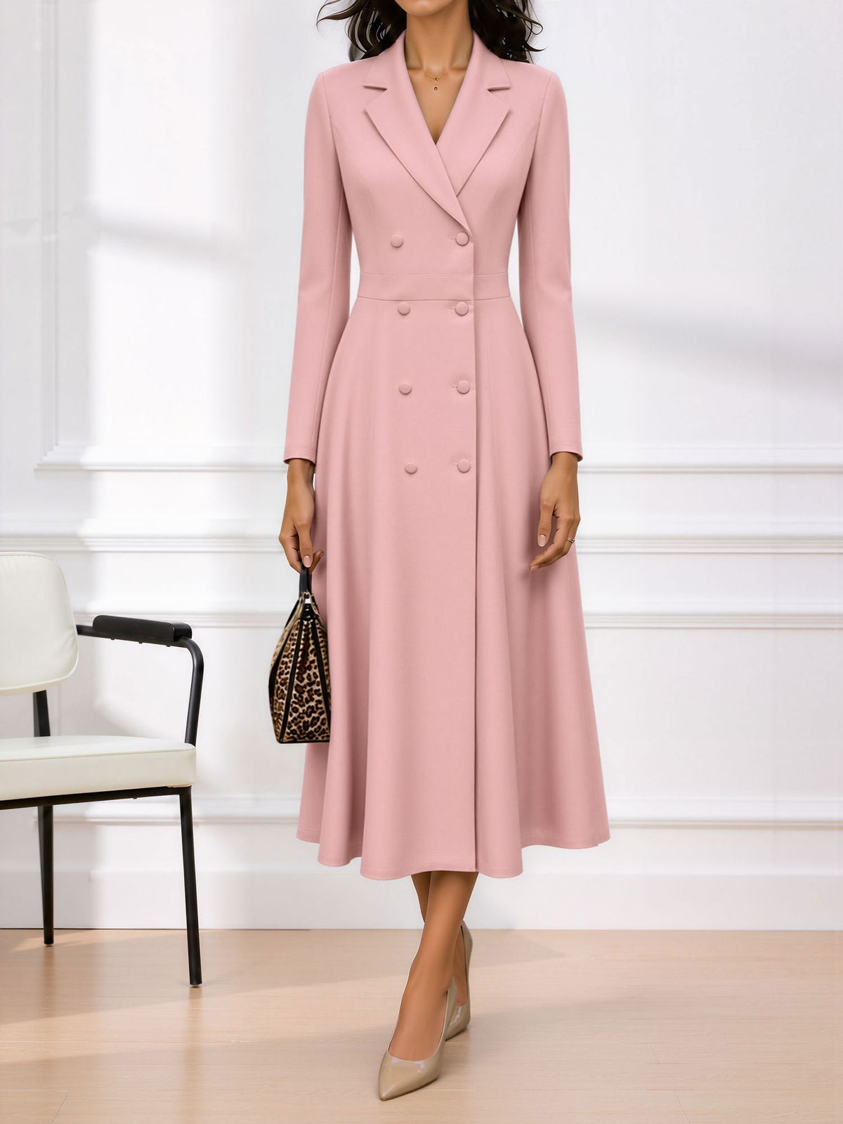 Notched Lapel Double Breasted Midi A-Line Work Dress