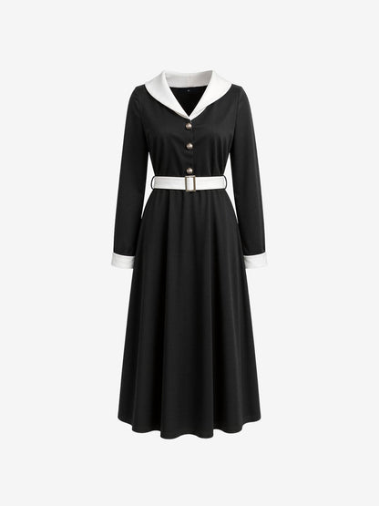 Retro Style Colorblocked Belted Midi A-Line Dress