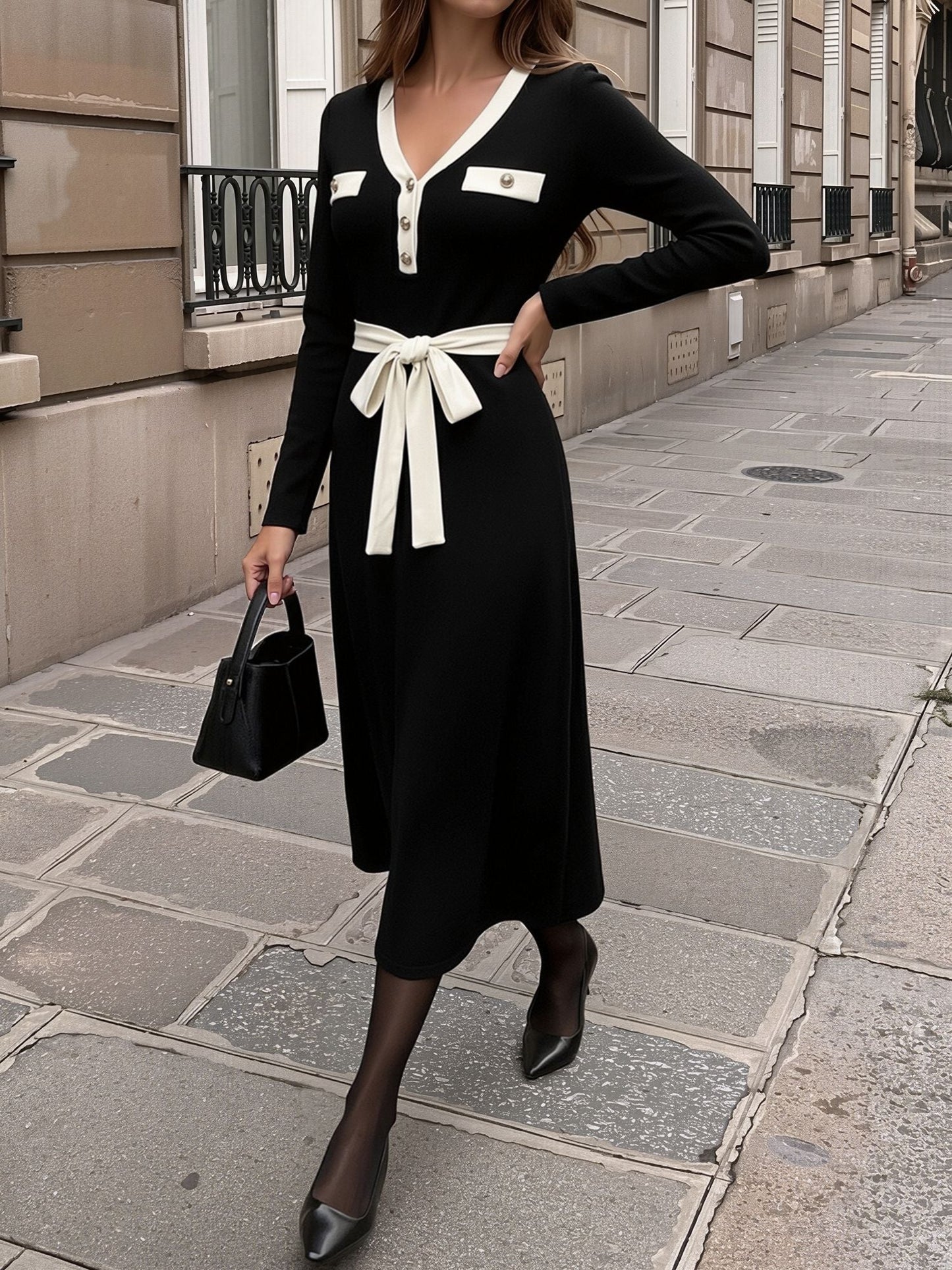 Colorblocked V Neck Knitted Mid-Length Dress