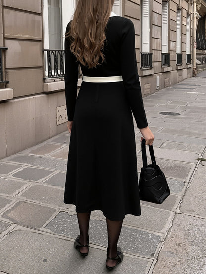 Colorblocked V Neck Knitted Mid-Length Dress