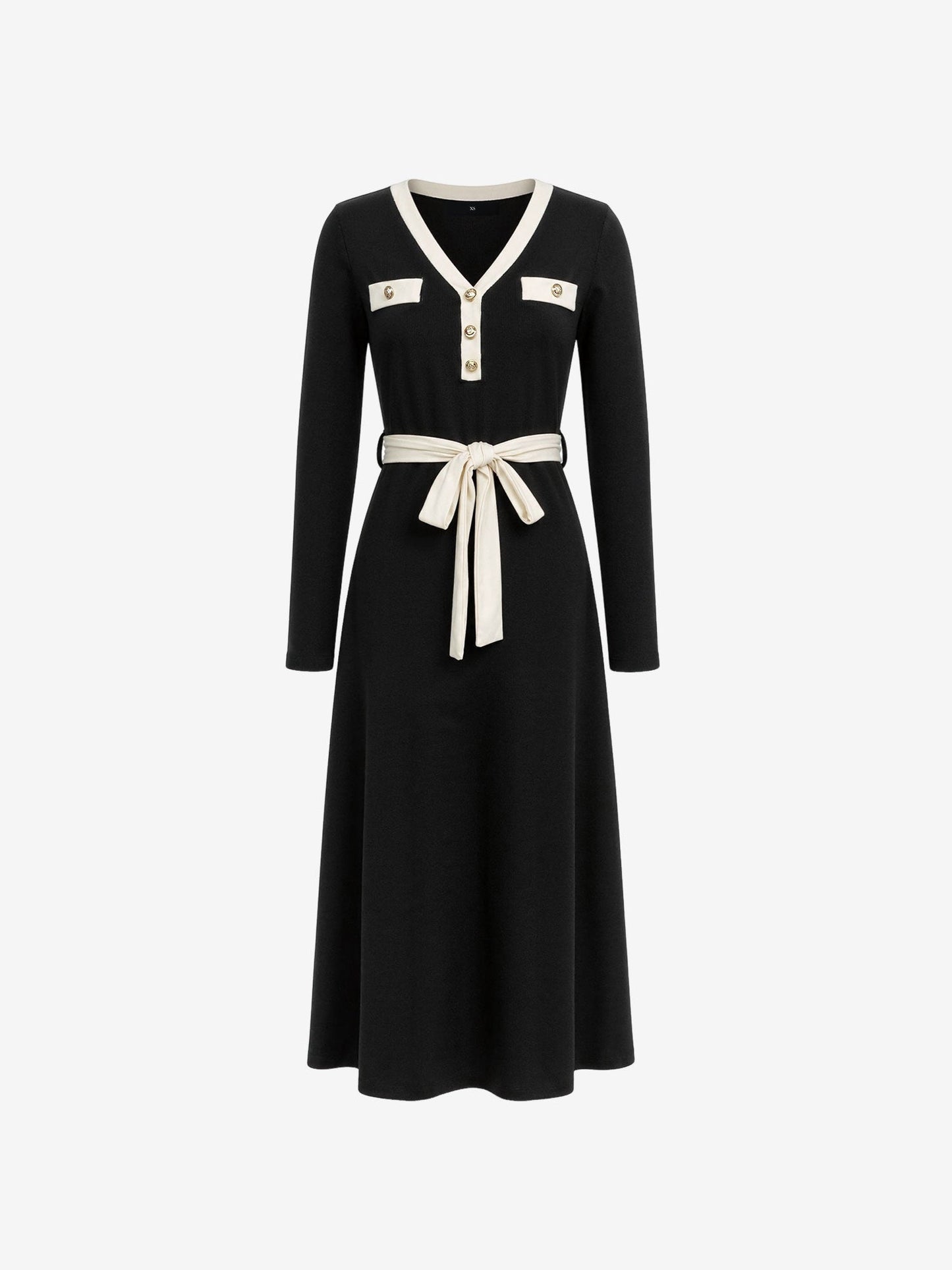 Colorblocked V Neck Knitted Mid-Length Dress