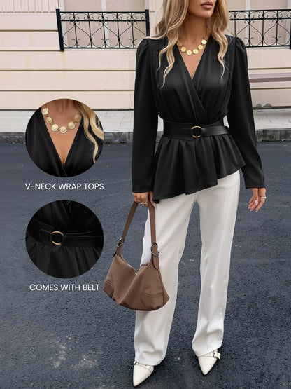 Puff Long Sleeves Ruched Belted Irregular Hem Blouse