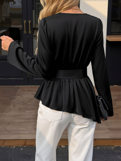 Puff Long Sleeves Ruched Belted Irregular Hem Blouse