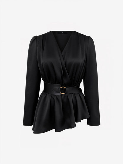 Puff Long Sleeves Ruched Belted Irregular Hem Blouse