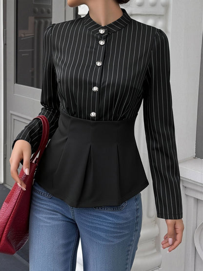 Striped Patchwork Long Sleeve Peplum Blouse
