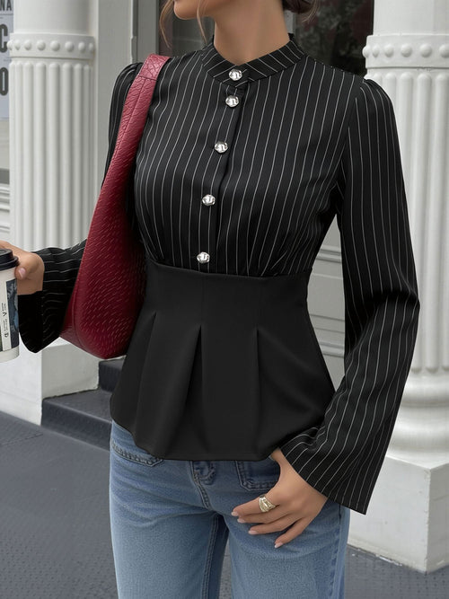 Striped Patchwork Long Sleeve Peplum Blouse