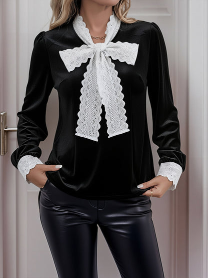 Colorblock Velvet Lace Bow Long Sleeve Blouse
