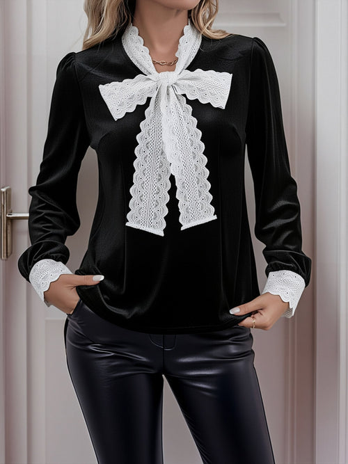 Colorblock Velvet Lace Bow Long Sleeve Blouse