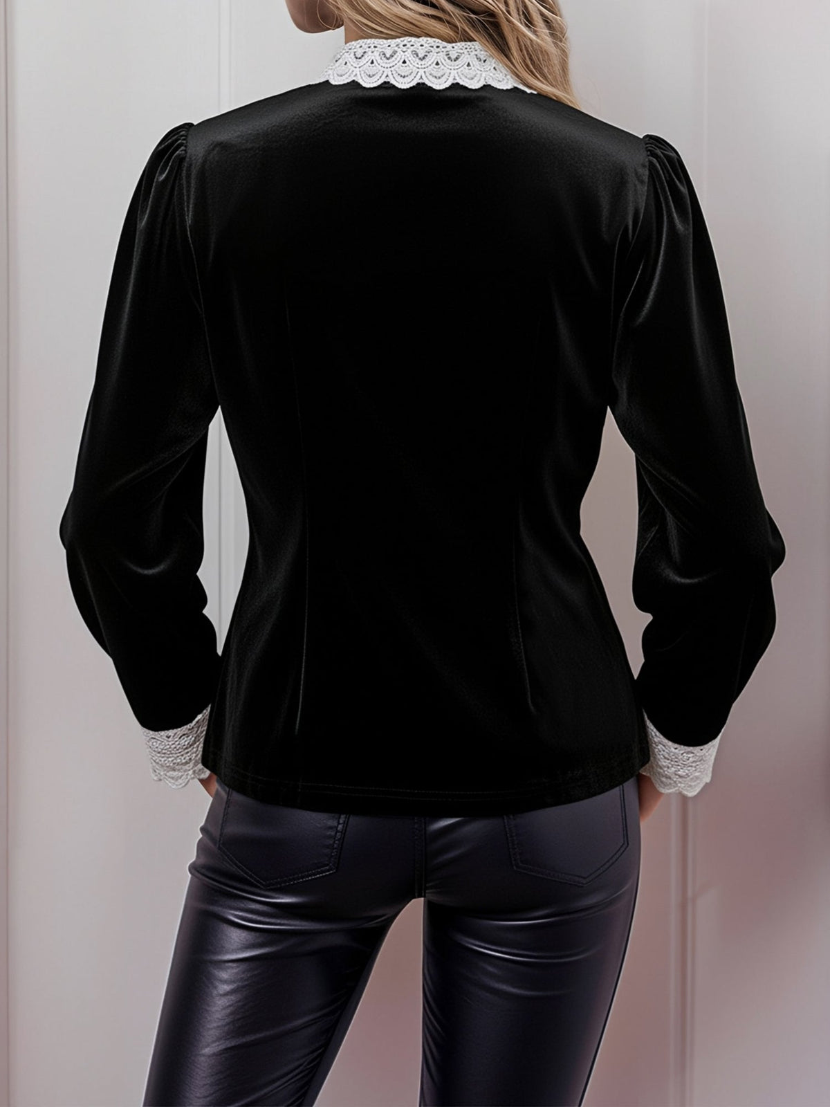 Colorblock Velvet Lace Bow Long Sleeve Blouse