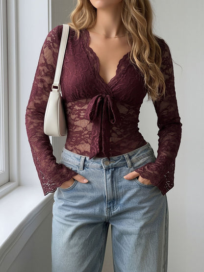 Lace Sheer V Neck Long Sleeves Bowknot Bodysuit
