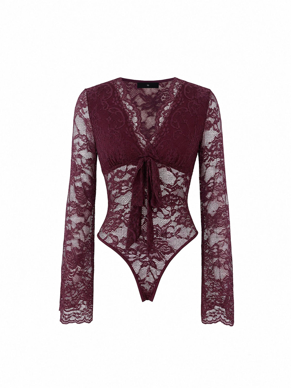 Lace Sheer V Neck Long Sleeves Bowknot Bodysuit