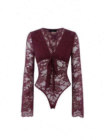Lace Sheer V Neck Long Sleeves Bowknot Bodysuit