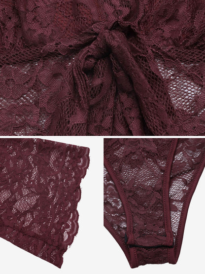 Lace Sheer V Neck Long Sleeves Bowknot Bodysuit