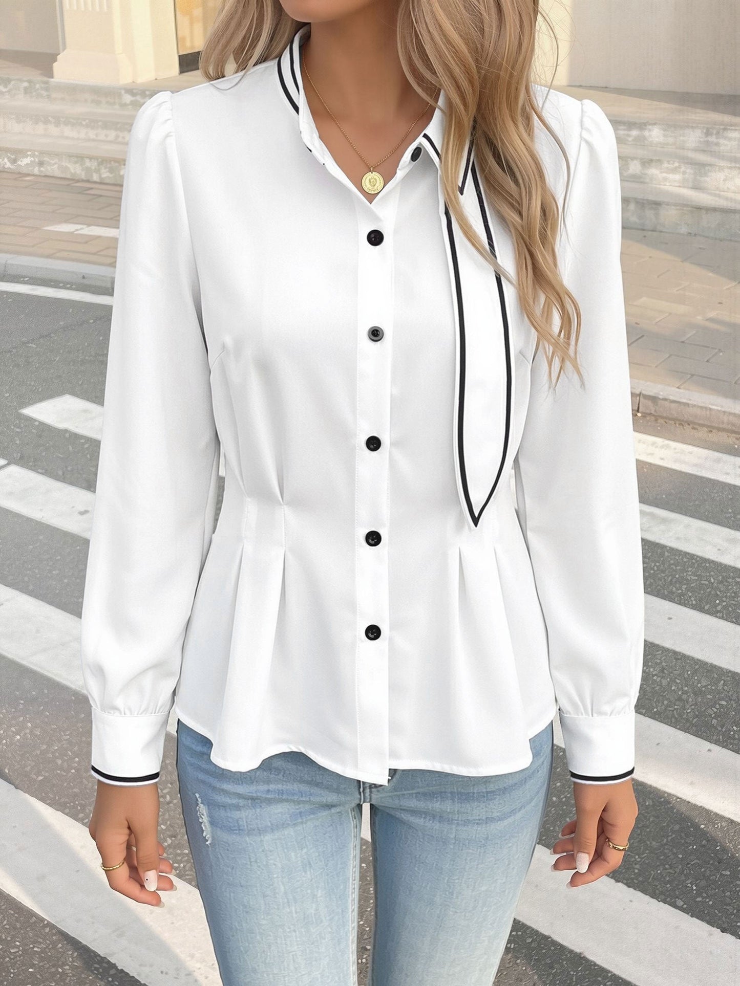 Colorblocked Puff Sleeves Cinched Waist Blouse