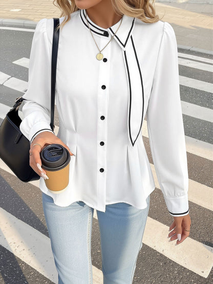 Colorblocked Puff Sleeves Cinched Waist Blouse