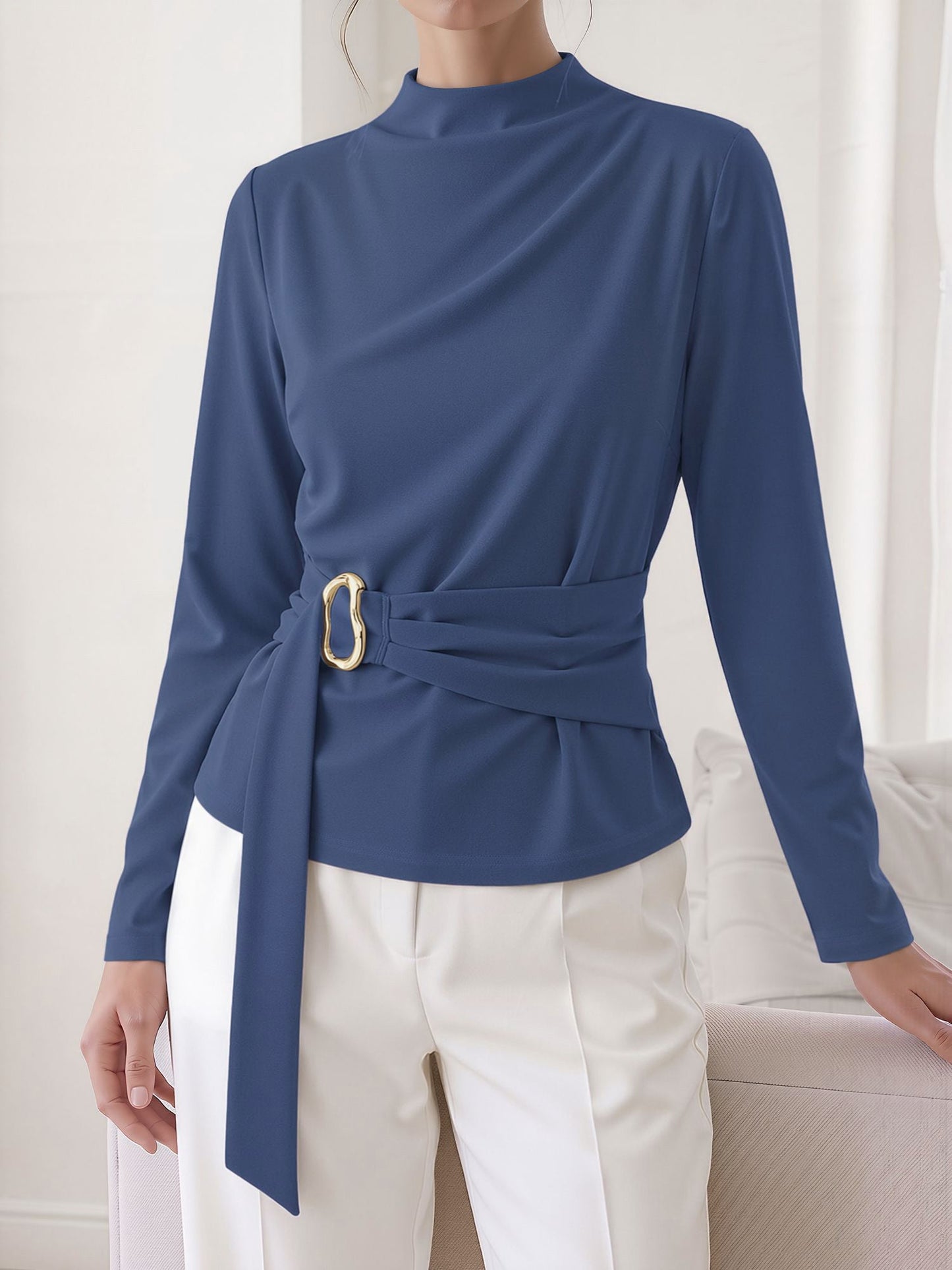 Mock Neck Long Sleeves Cinched Waist Blouse