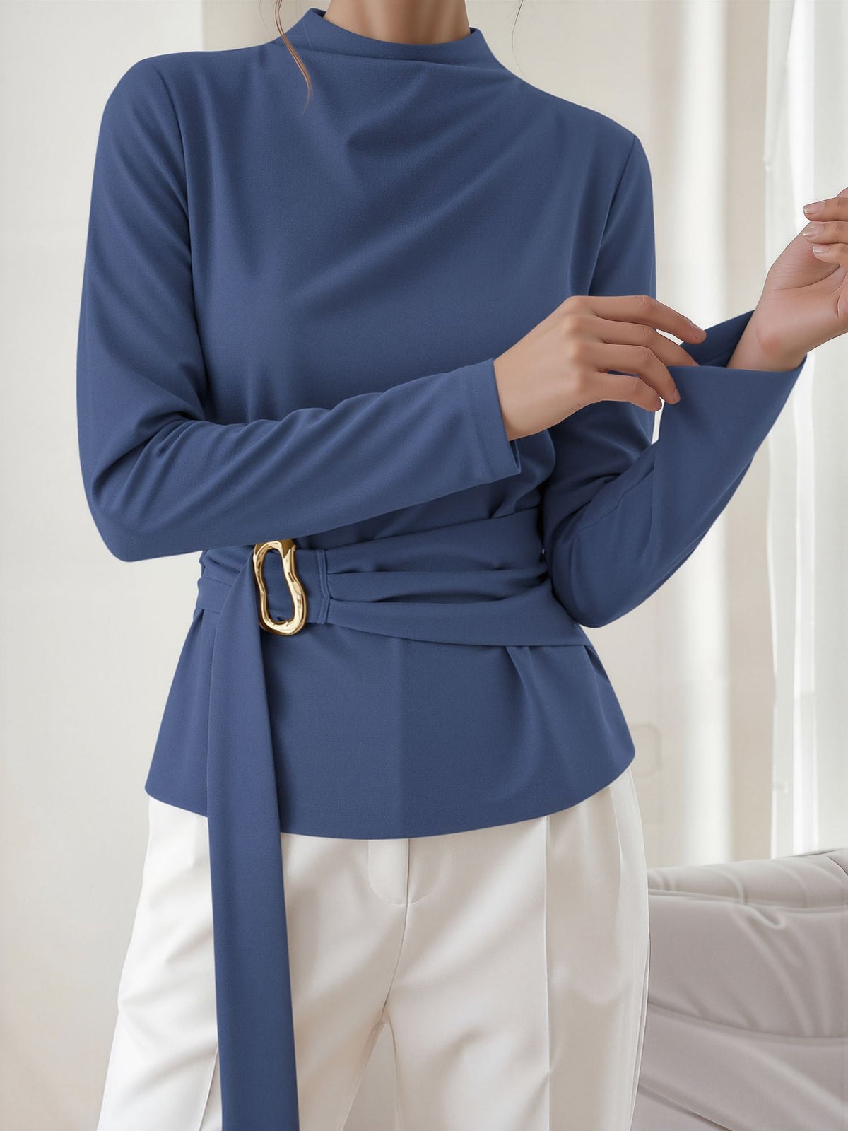 Mock Neck Long Sleeves Cinched Waist Blouse