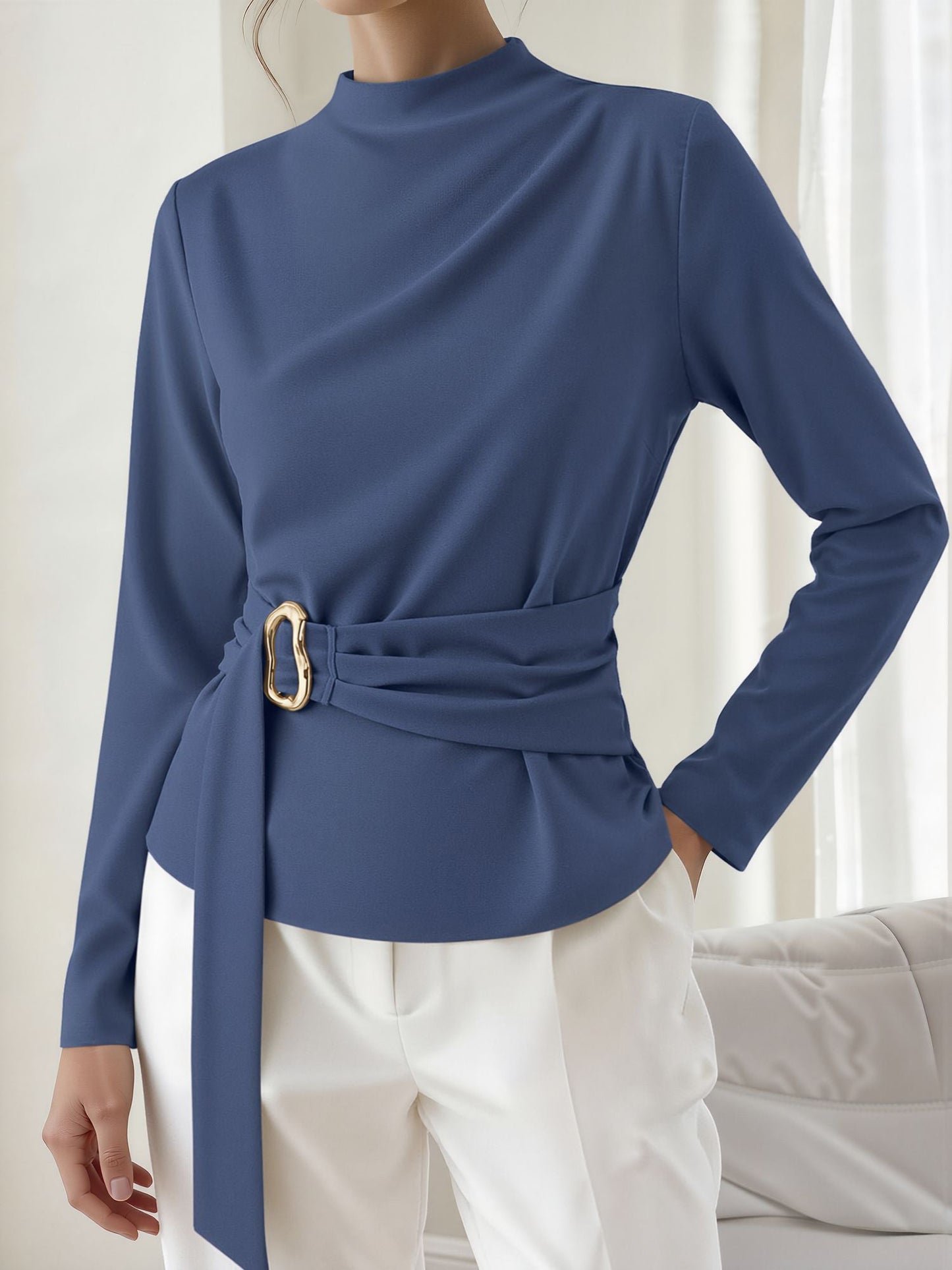 Mock Neck Long Sleeves Cinched Waist Blouse
