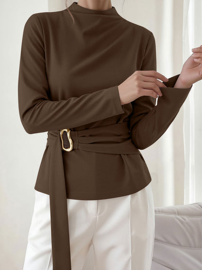 Mock Neck Long Sleeves Cinched Waist Blouse