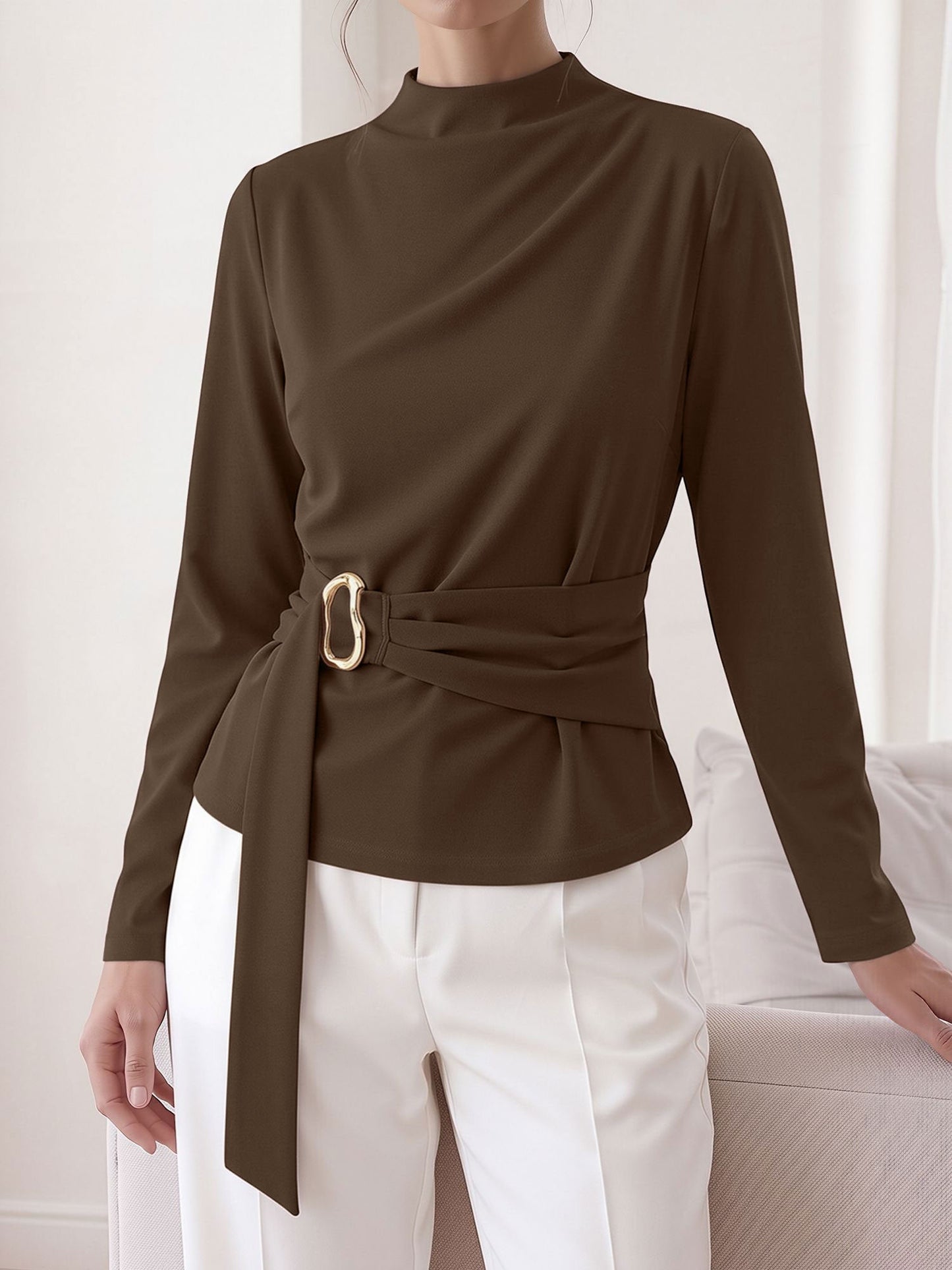 Mock Neck Long Sleeves Cinched Waist Blouse