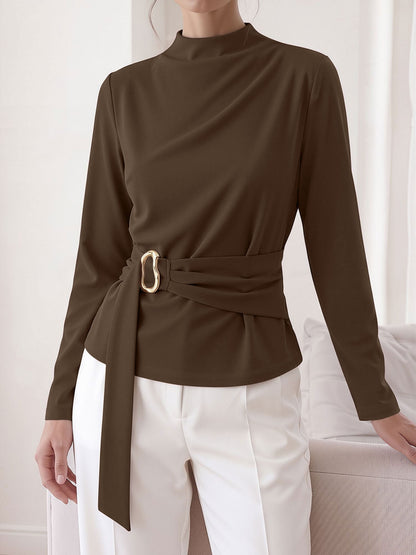 Mock Neck Long Sleeves Cinched Waist Blouse