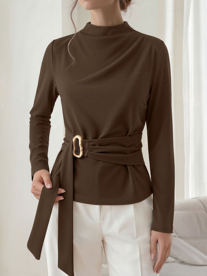 Mock Neck Long Sleeves Cinched Waist Blouse