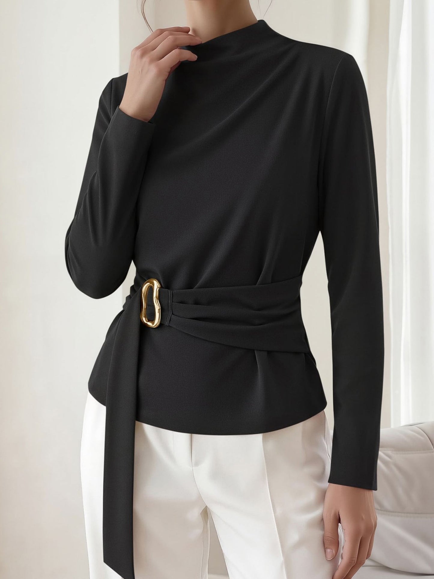Mock Neck Long Sleeves Cinched Waist Blouse