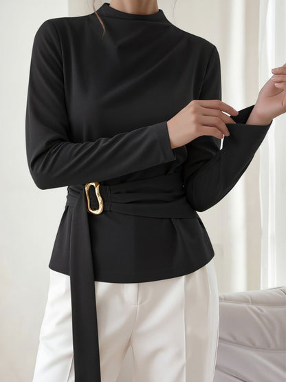 Mock Neck Long Sleeves Cinched Waist Blouse