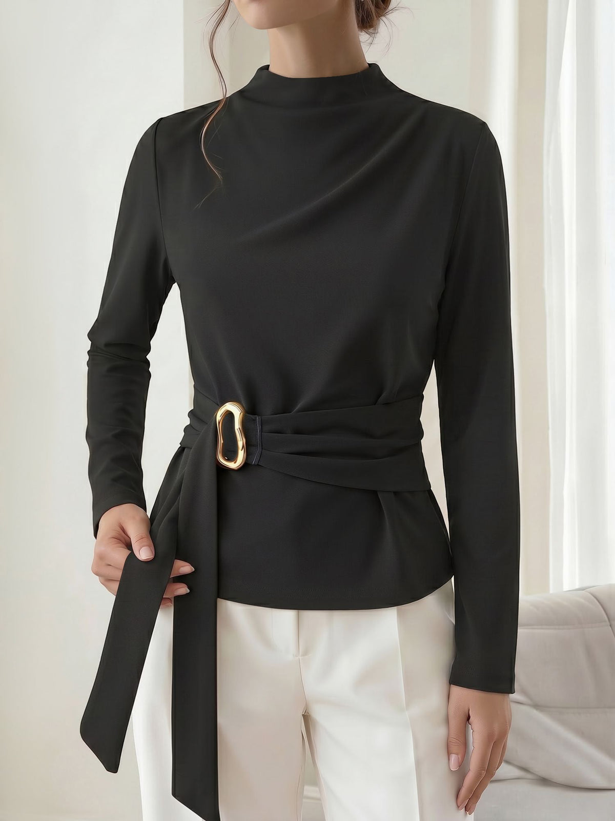 Mock Neck Long Sleeves Cinched Waist Blouse