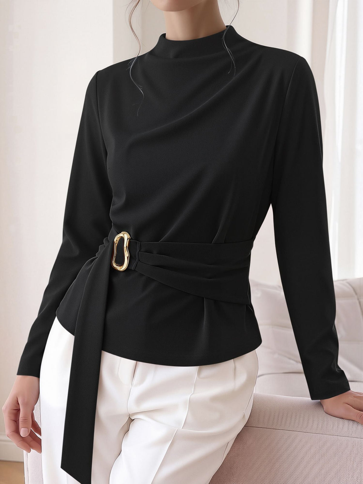 Mock Neck Long Sleeves Cinched Waist Blouse
