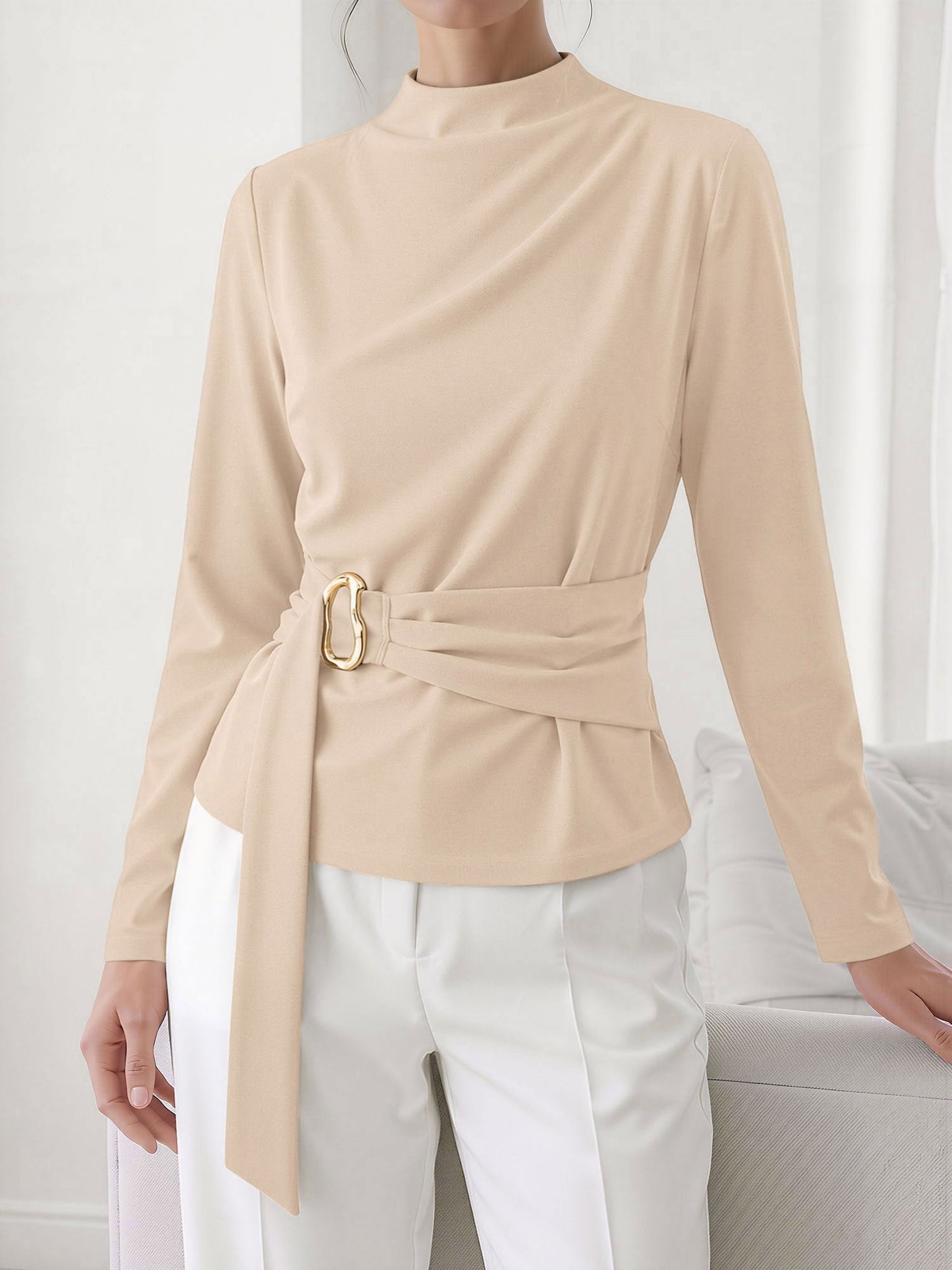 Mock Neck Long Sleeves Cinched Waist Blouse