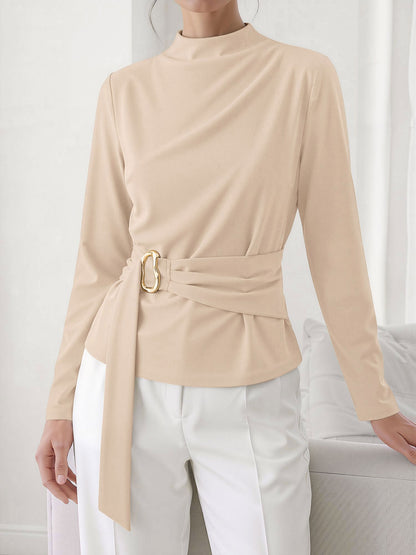 Mock Neck Long Sleeves Cinched Waist Blouse