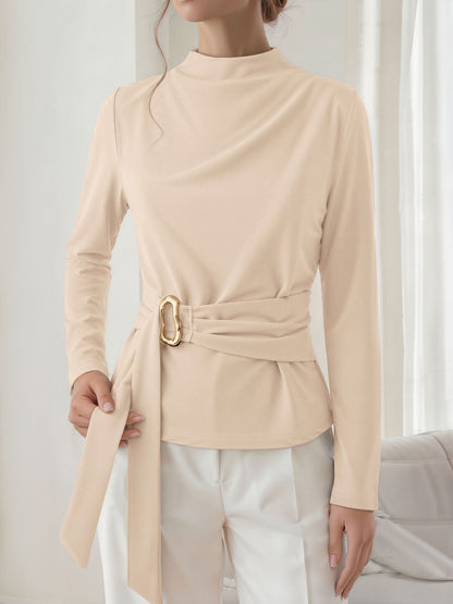 Mock Neck Long Sleeves Cinched Waist Blouse
