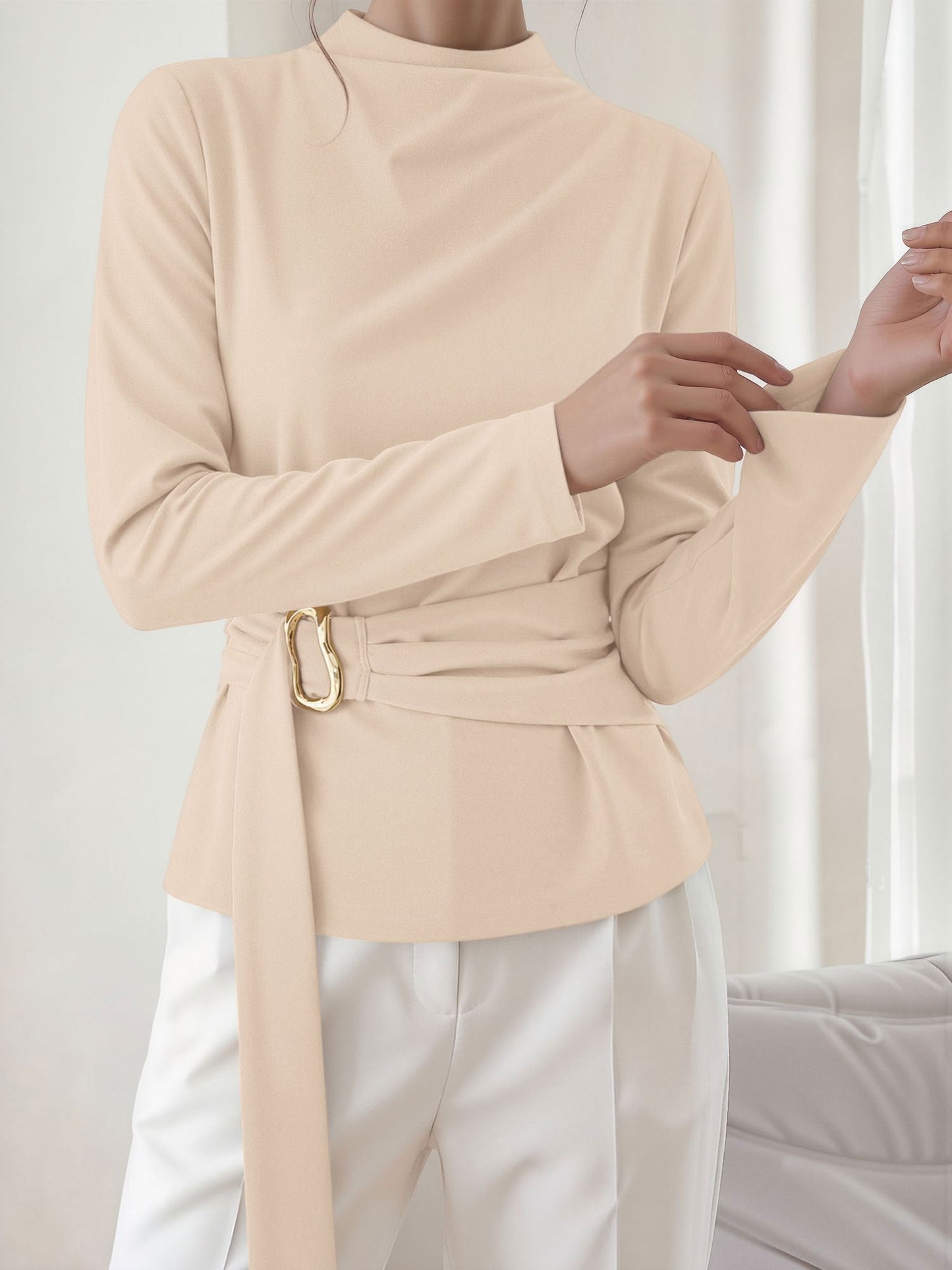 Mock Neck Long Sleeves Cinched Waist Blouse