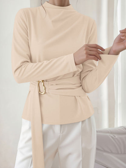 Mock Neck Long Sleeves Cinched Waist Blouse