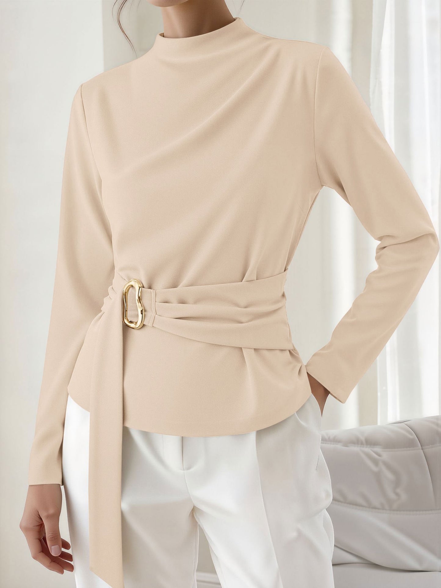 Mock Neck Long Sleeves Cinched Waist Blouse
