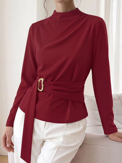 Mock Neck Long Sleeves Cinched Waist Blouse